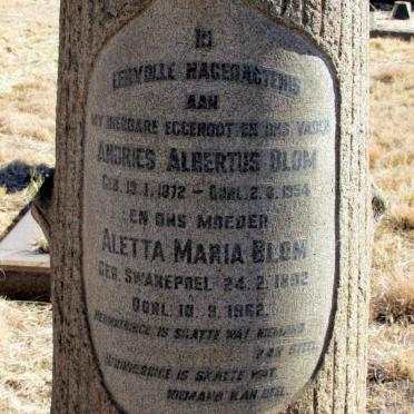BLOM Andries Albertus 1872-1954 &amp; Aletta Maria SWANEPOEL 1892-1962