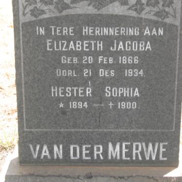 MERWE Elizabeth Jacoba, van der 1866-1934 :: VAN DER MERWE Hester Sophia 1894-1900