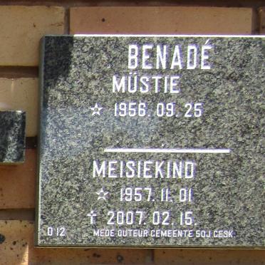 BENADE Mustie 1956- &amp; ? 1957-2007