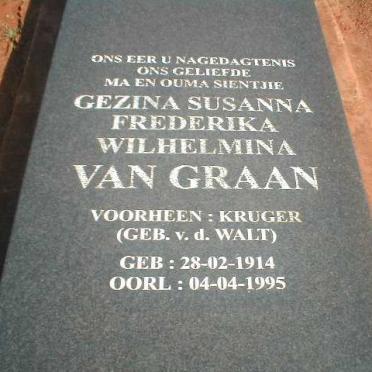 GRAAN Gezina Susanna Frederika Wilhelmina, van voorheen KRUGER, nee V.D. WALT 1914-1995