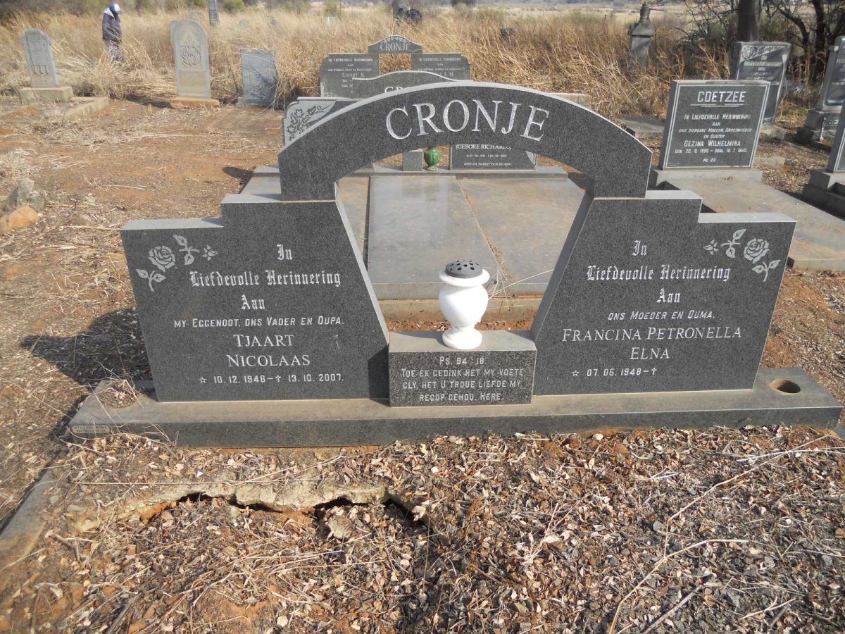 CRONJE Tjaart Nicolaas 1946-2007 &amp; Francina Petronella Elna 1948-