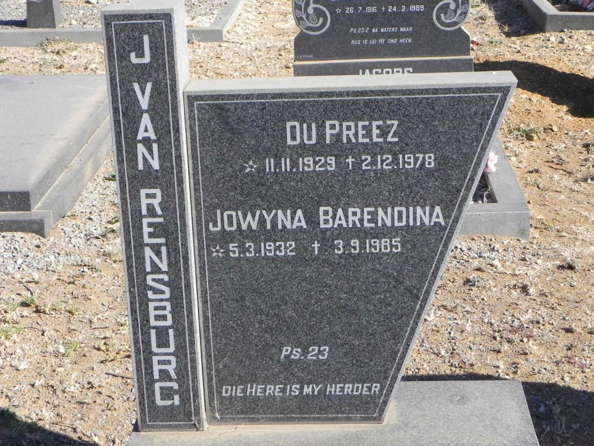 RENSBURG Du Preez, J. van 1929-1978 &amp; Jowyna Barendina 1932-1985