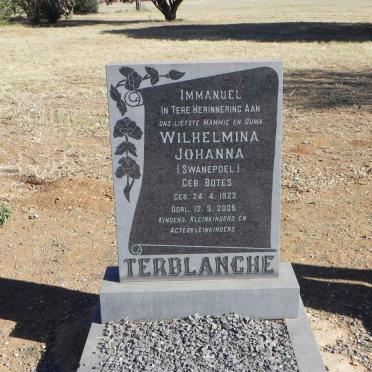 TERBLANCHE Wilhelmina Johanna formerly SWANEPOEL nee BOTES 1922-2005