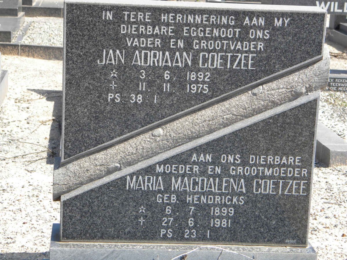 COETZEE Jan Adriaan 1892-1975 &amp; Maria Magdalena HENDRICKS 1899-1981