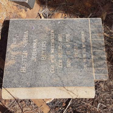 BEYERS Hester Sophia Johanna nee V.D. WESTHUYSEN 1880-1976