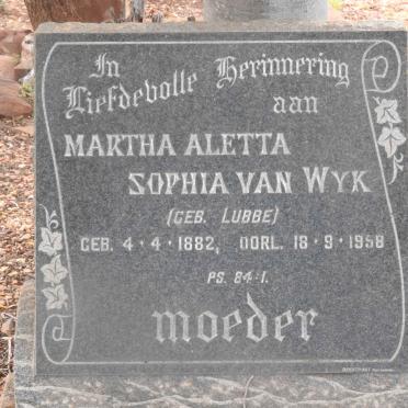 WYK Martha Aletta Sophia, van nee LUBBE 1882-1958