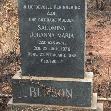 BENSON Salomina Johanna Maria nee BARWISE 1878-1959