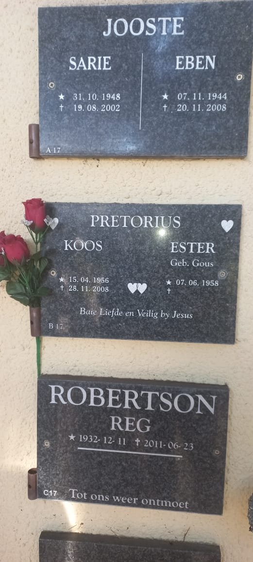 JOOSTE Eben 1944-2008 &amp; Sarie 1948-2002 :: ROBERTON Reg 1932-2011