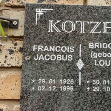 KOTZE Francois Jacobus 1926-1999 &amp; Bridget LOUW 1934-2018