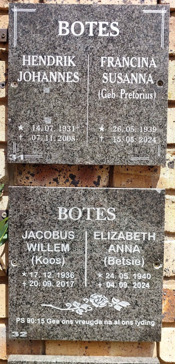 BOTES Hendrik Johannes 1931-2008 & Francina Susanna PRETORIUS 1939-2024 :: BOTES Jacobus Willem 1936-2017 & Elizabeth Anna 1940-2024