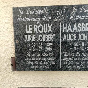 ROUX Jurie Joubert, le 1939-2016 & Alice Johanna HAASBROEK 1944-2020