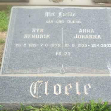 CLOETE Ryk Hendrik 1921-1972 &amp; Anna Johanna 1925-2002