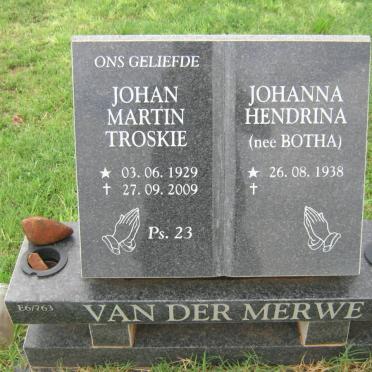 MERWE Johan Martin Troskie, van der 1929-2009 &amp; Johanna Hendrina BOTHA 1938-