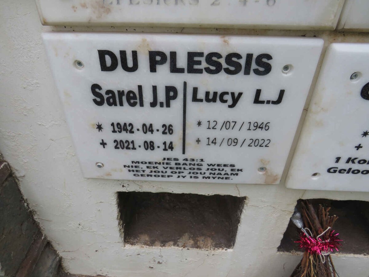 PLESSIS Sarel J.P., du 1942-2021 & Lucy L.J. 1946-2022
