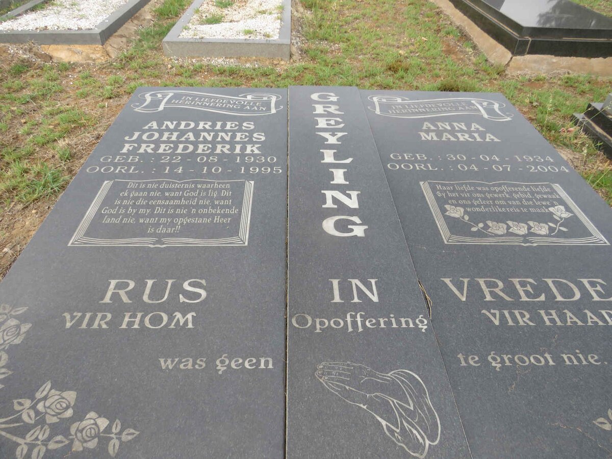 GREYLING Andries Johannes Frederik 1930-1995 & Anna Maria 1934-2004