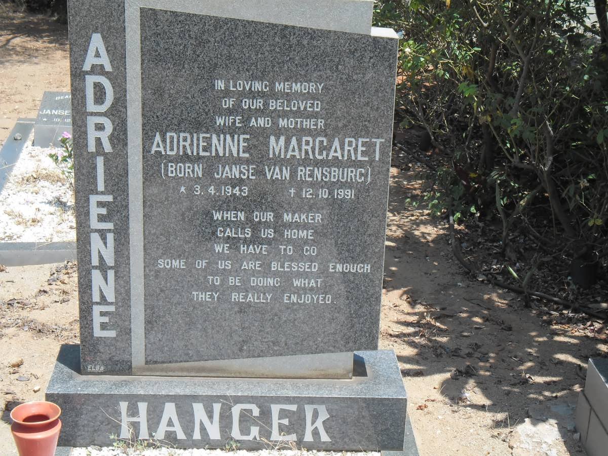 HANGER Adrienne Margaret nee JANSE VAN RENSBURG 1944-1991