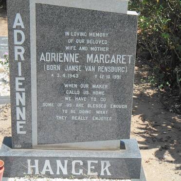 HANGER Adrienne Margaret nee JANSE VAN RENSBURG 1944-1991
