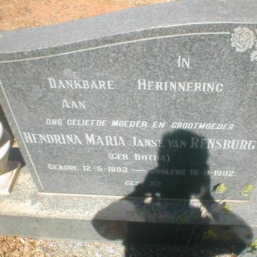 RENSBURG Hendrik Nicolaas, Janse van 1889-1963 &amp; Hendrina Maria BOTHA 1893-1982 