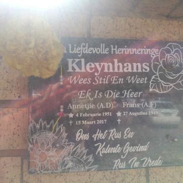 KLEYNHANS A.F. 1949- &amp; A.D. 1951-2017