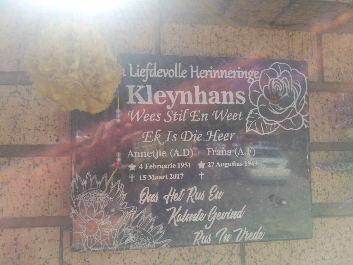 KLEYNHANS A.F. 1949- &amp; A.D. 1951-2017