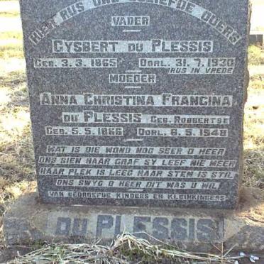 PLESSIS Gysbert, du 1865-1930 &amp; Anna Christina Francina ROBBERTSE 1866-1948