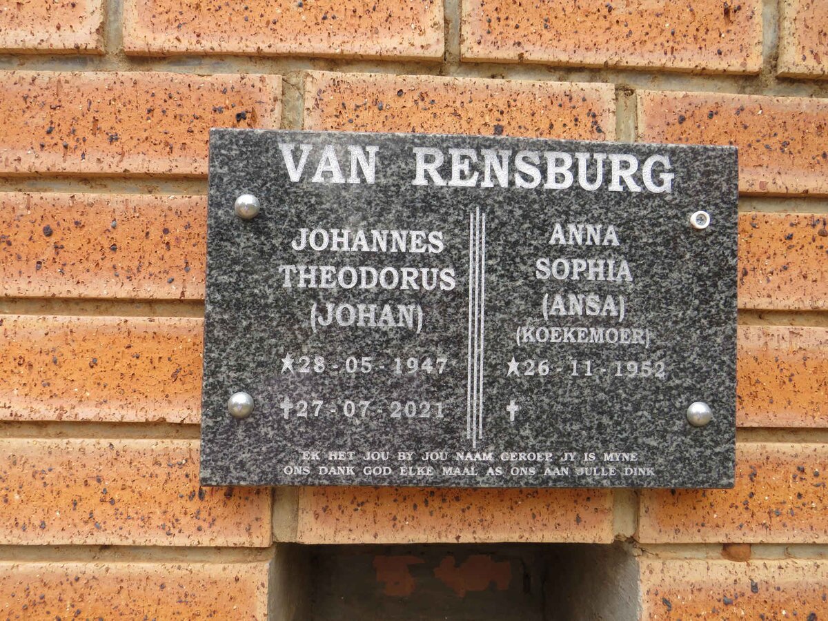 RENSBURG Johannes Theodorus, van 1947-2021 & Anna Sophia KOEKEMOER 1952- 