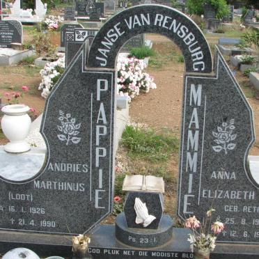 RENSBURG Andries Marthinus, Janse van 1926-1990 &amp; Anna Elizabeth RETIEF 1936-1999