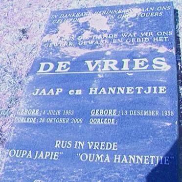 VRIES Jaap, de 1953-2009 &amp; Hannetjie 1958-
