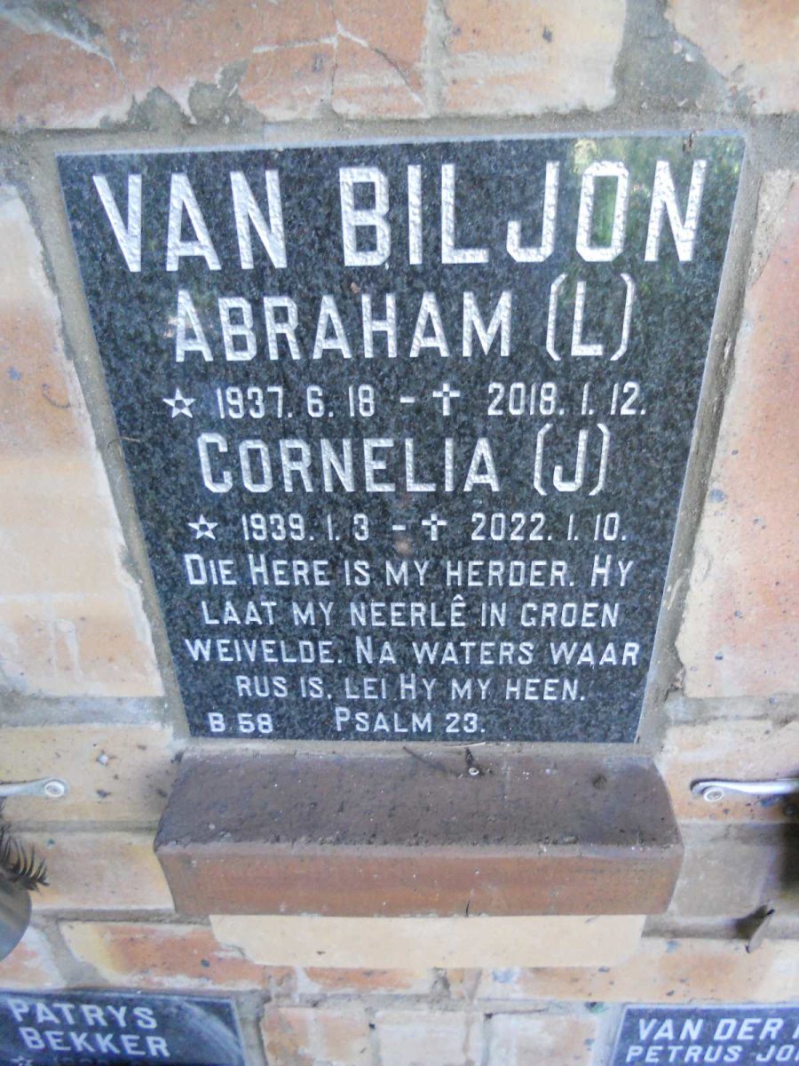 BILJON Abraham L., van 1937-2018 &amp; Cornelia J.1939-2022