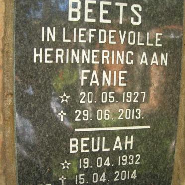 BEETS Fanie 1927-2013 &amp; Beulah 1932-2014
