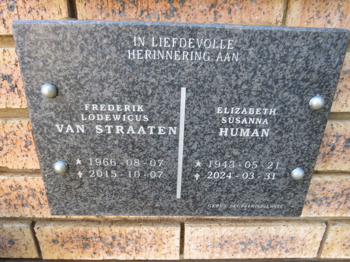STRAATEN Frederik Lodewicus, van 1966-2015 & Elizabeth Susanna HUMAN 1943-1924