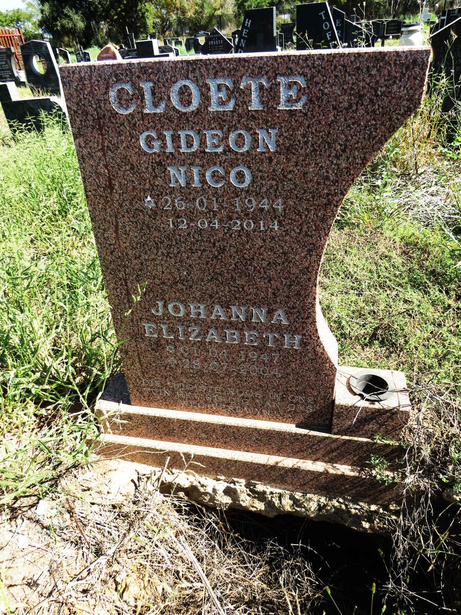 CLOETE Gideon Nico 1944-2014 & Johanna Elizabeth 1947-2004