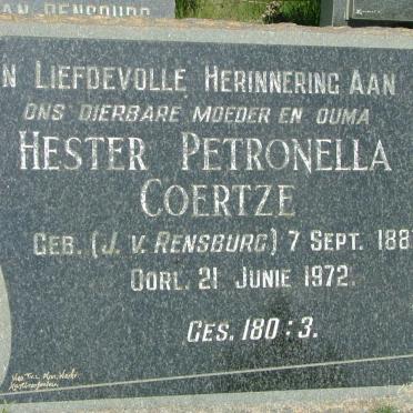 COERTZE Hester Petronella nee J.V.RENSBURG 1887-1972