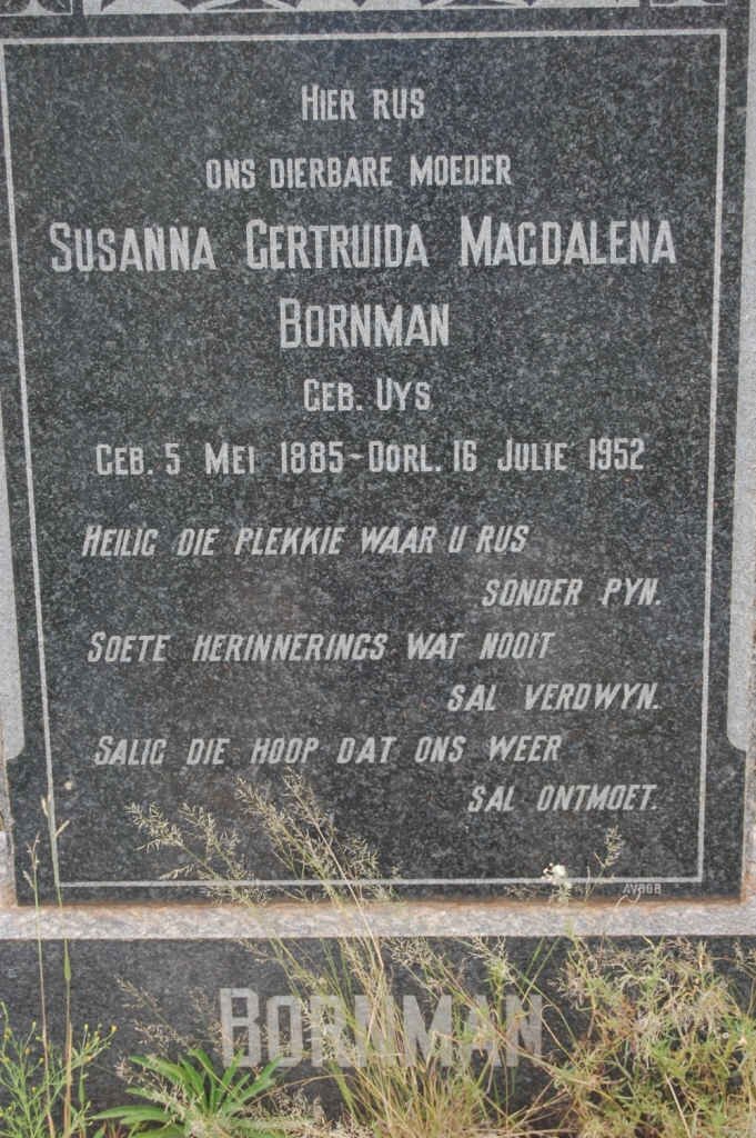 BORNMAN Susanna Gertruida Magdalena nee UYS 1885-1952