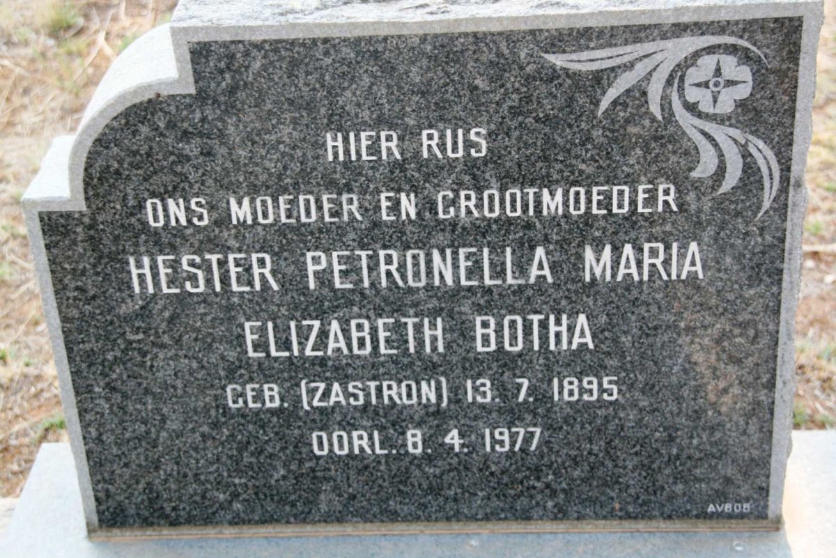 BOTHA Hester Petronella Maria Elizabeth nee ZASTRON 1895-1977