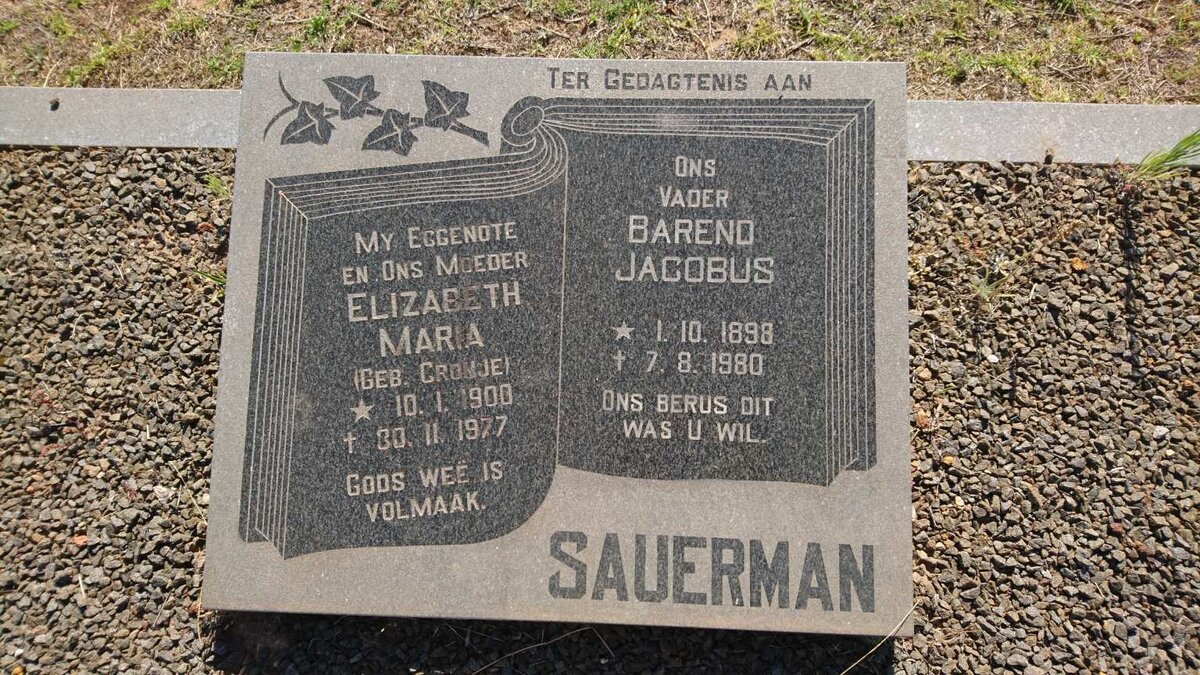 SAUERMAN Barend Jacobus 1898-1980 &amp; Elizabeth Maria CRONJE 1900-1977