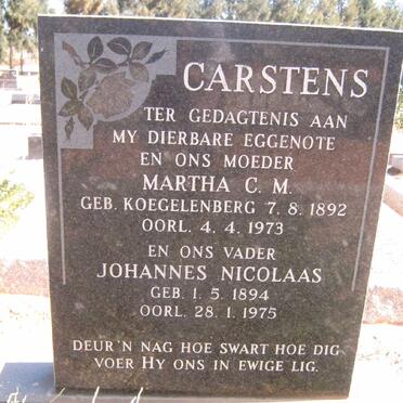 CARSTENS Johannes Nicolaas 1894-1973 &amp; Martha C.M. KOEGELENBERG 1892-1973