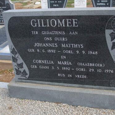 GILIOMEE Johannes Matthys 1892-1948 &amp; Cornelia Maria formerly HAASBROEK nee GIANI 1892-1976