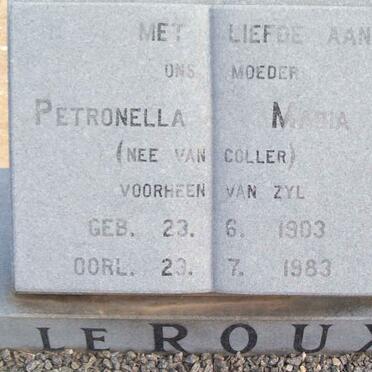ROUX Petronella Maria, le, formerly VAN ZYL, nee COLLER 1903-1983