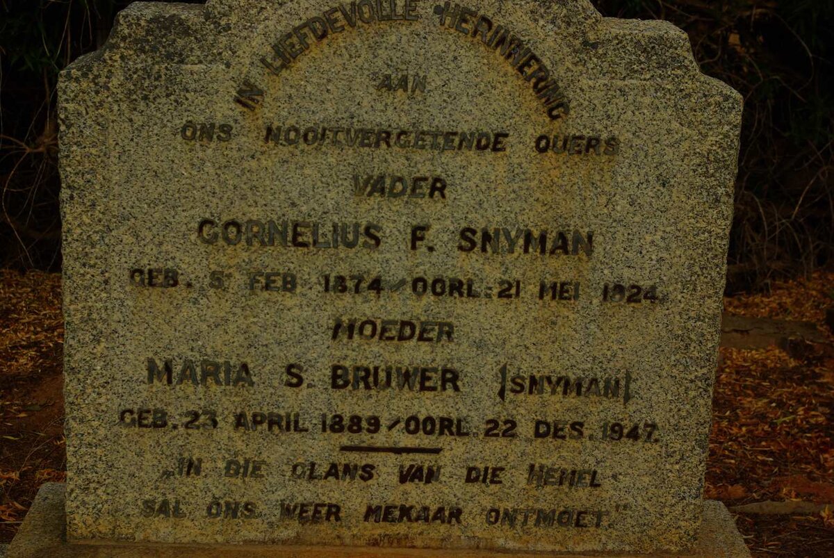 SNYMAN Cornelius F. 1874-1924 &amp; Maria S. BRUWER 1889-1947