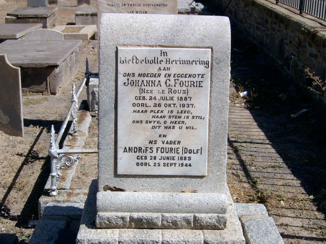 FOURIE Andries 1885-1944 &amp; Johanna C. LE ROUX 1887-1937