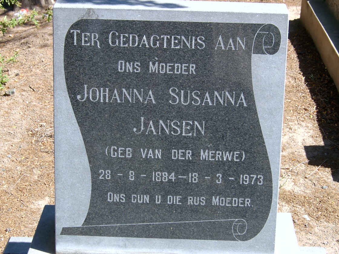 JANSEN Johanna Susanna nee VAN DER MERWE 1884-1973