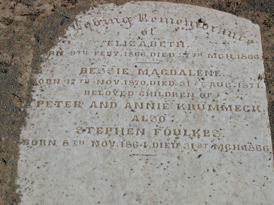 KRUMMECK Elizabeth 1866-1866 :: KRUMMECK Bessie Magdalene 1870-1871 :: FOULKES Stephen 1864-1866