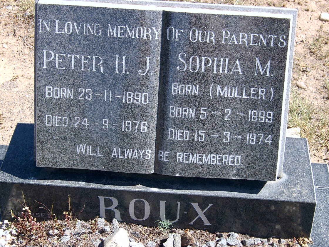 ROUX Peter H. J. 1890-1976 &amp; Sophia M. MULLER 1899-1974