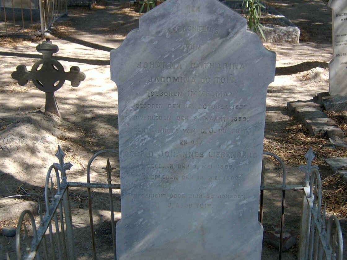 TOIT Johanna Catharina Jacomina, du nee IMMELMAN 1835-1899 :: LIEBENBERG Gerrit Johannes 1899-1900