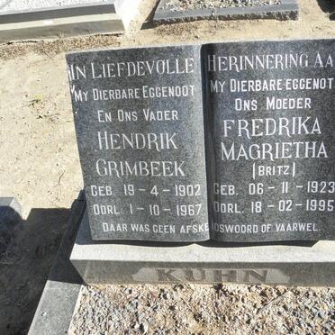 KUHN Hendrik Grimbeek 1902-1967 :: BRITZ Fredrika Magrietha voorheen KUHN 1923-1995