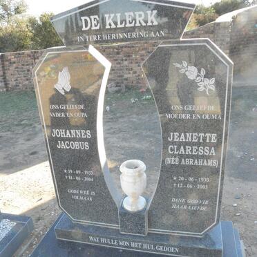 KLERK Johannes Jacobus 1933-2004 &amp; Jeanette Claressa ABRAHAMS 1930-2003