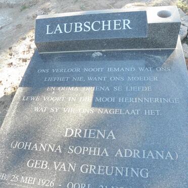 LAUBSCHER Johanna Sophia Adriana nee VAN GREUNING 1926-1999