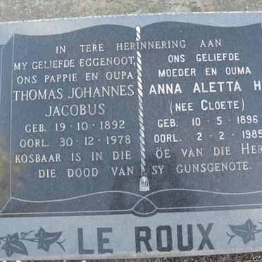 ROUX Thomas Johannes Jacobus, Le 1892-1978 &amp; Anna Aletta H. CLOETE 1896-1985