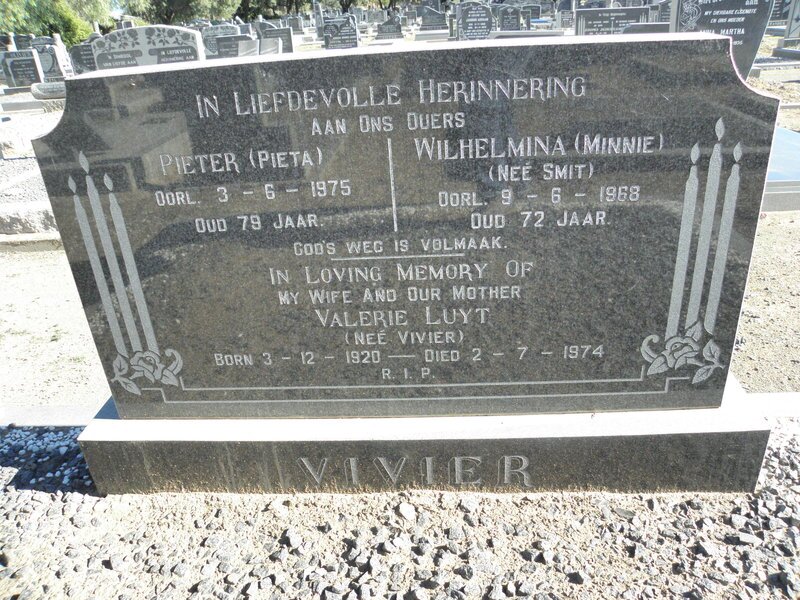 VIVIER Pieter -1975 &amp; Wilhelmina SMIT -1968 :: LUYT Valerie nee VIVIER 1920-1974